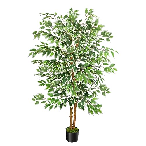 GTIDEA 5ft Ficus Tree Artificial, Tall Fake Tree with Natural Trunk Faux Trees Indoor Silk Ficus Leaves Artificial Trees for Home Decor Indoor Summer Office Living Room Outdoor (Included Dried Moss) - color: 5ft Ficus Tree (No Vase)