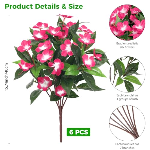 Ouddy Decor 6 Bundles Artificial Flowers for Outdoors Decorations, Fake Silk Flowers Faux Plants Plastic Bouquet UV Resistant for Porch Garden Wedding Spring Summer Indoor Outside Home Decor, Fuchsia - color: Fuchsia