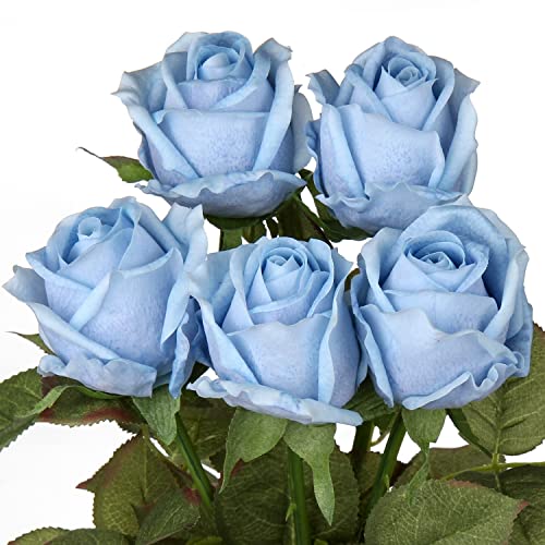 Artificial Realistic Roses Blue Flowers 24" Real Touch Silk Roses Bouquet Long Stems Rose for Flower Arrangement Fake Roses Decor for Home Party Wedding Table Centerpieces Roses Realistic - 5 Pcs - color: Blue