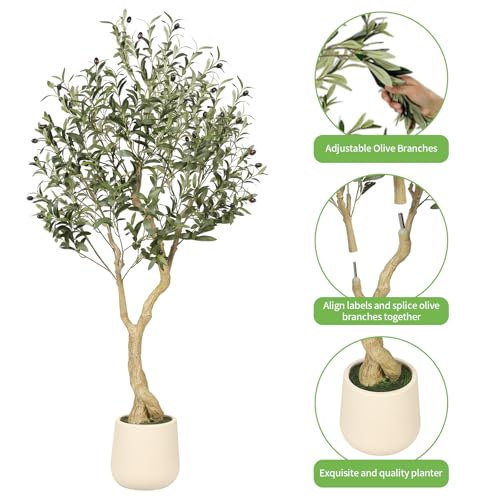 Realead Olive Trees Artificial Indoor - 5FT Faux Olive Tree with White Tall Exquisite Planter - Realistic Fake Olive Tree with Thick Trunk and Lifelike Branches for Home Office Decor - size: 5ft