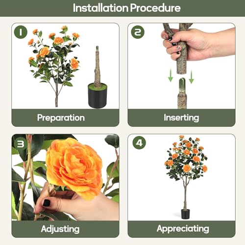 4FT Artificial Camellia Tree with Blooming Orange Flowers, Free Maintencace 4 FT Fake Tree, Faux Plants with Blooming Flowers, for Indoor Outdoor Home Office Front Door Decor