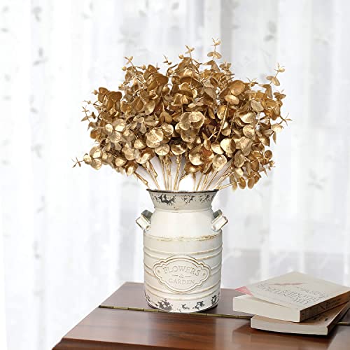 Artificial Gold Plants Decorations, Fake Plastic Golden Eucalyptus Shrubs Faux Simulation Foliage for Christmas Wedding Party Indoor Hotel Hall Home Table Centerpieces DIY Decor Planting Filler 2 Pack - color: Gold Eucalyptus -2 Pcs