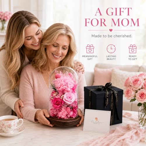 Preserved Flowers in Glass, Eternal Real Flowers with 1 Carnation & 2 Pink Roses for Women Mom Grandma Forever Rose Bouquet for Anniversary Birthday Mother's Day Lasts 3-5 Years(No Lights) - color: Light Pink