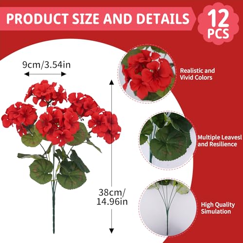 12Pcs Red Geraniums Artificial Flowers Realistic Silk Faux Geranium Outdoor UV Resistant Bush Planter Fake Outside Plants for Porch Patio Garden Cemetery Home Decor (Red) - color: Red-12pcs
