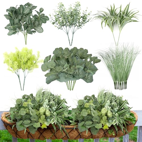 24Pcs Artificial Outdoor Plants UV Resistant Fake Plastic Greenery Boxwood Eucalyptus Spring Onion Grass for Outside Yard Front Porch Patio Window Box Planter Hanging Basket Decor (Grey Green) - color: Grey Green