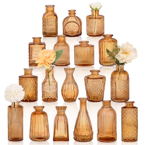 18pcs Amber Glass Bud Vase Set, Gold Small Flower Vases for Centerpieces in Bulk, Mini Vintage Vase for Home, Wedding, Table Decor - color: Amber, size: 18pcs
