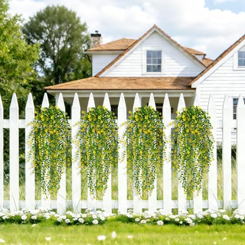 12 Pcs Outdoor Hanging Plants Artificial Hanging Flowers Yellow Faux Trailing Plants Fake Eucalyptus Greenery UV Resistant Plastic Plants for Indoor Outdoor Wall Garden Front Porch Home Decor - color: Yellow-12pcs