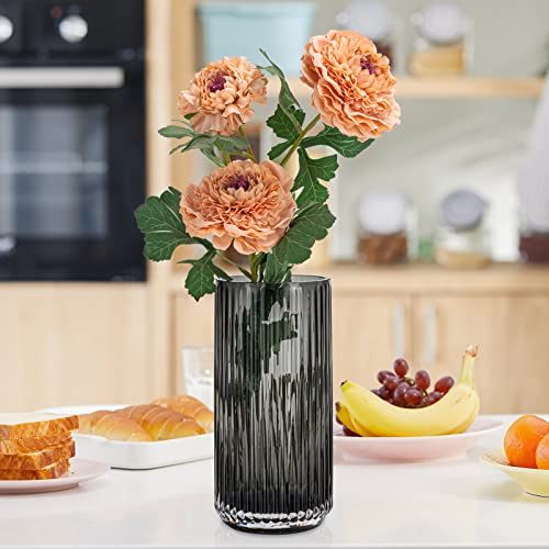 TIMEFOTO Flower Vase 10 inch Grey Thickened Hand Blow Glass Vase Round Vintage Striped Bottles for Bookshelf,Dinner Table,Indoor Office Desktop,Meeting Room,Bathroom,Countertop,Home - color: Glass Gray, size: 9.5 inch