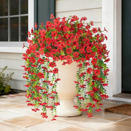 Hrobek 4 PCS Artificial Hanging Plants Flowers for Outdoor Srpring Summer Decoration, Fake Realistic Daisy Eucalyptus for Outdoors, Faux Plastic Greenery Long Vine Indoor Wall Patio Porch Decor - color: A-red