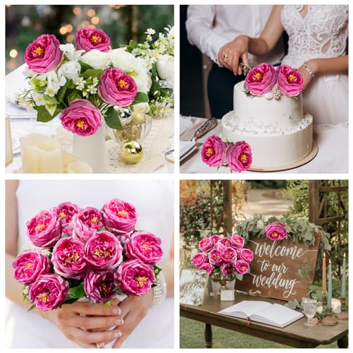 4 Pcs Real Touch Peonies Artificial Flowers, 3.5'' Big Bloom Austin Rose Peony Latex Fake Flower with Stems for Wedding Bouquet Party Valentines Arrangement Home Kitchen (Rose Red) - color: Rose Red