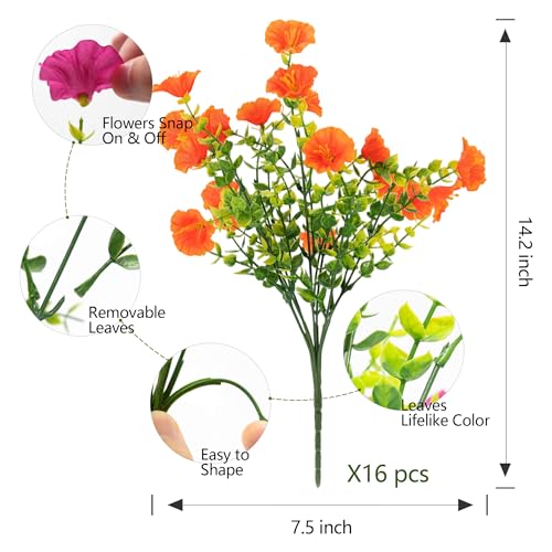 Artificial Flowers for Outdoor Decoration,16 Bundles Fake Silk Realistic Orange Morning Glory UV Resistant Faux Plastic Plants for Planter Porch Patio Yard Balcony(Orange Red) - color: Orange Red