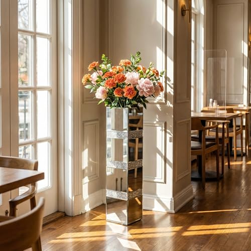 30" Large Crushed Diamond Floor Vases,Tall Mirrored Silver Crystal Vase, Floor Vases Decorative Tall,Big vase for Home,Office,Hotel (8" L x 8" W x 30" H) - size: Crushed Diamond:8''L X 8''W X 30''H