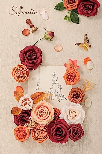 Serwalin Artificial Fall Flowers, Fake Silk Flowers Cake Flowers Roses Orange Flowers for DIY Wedding Decoration Arrangements Party Decorations Baby Shower Fall Home Decor - color: B Burgundy Orange, size: 1 Box