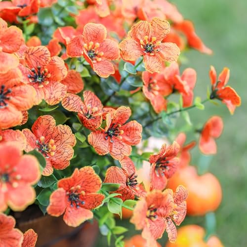 HyeFlora Artificial Fall Flowers Faux Mums for Outdoor Indoor Garden Home Decoration, Faux Flower Daisy with Eucalyptus Leaves Fake Mums Plants Greenery Boxwood Porch Patio, 12 Bundles (Orange) - color: Orange
