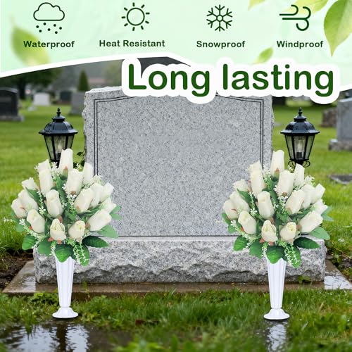 Artificial Cemetery Flowers for Grave,2Pack Memorial Roses Bouquets with Vase for Grave Tombstone Decorations(White) - color: White