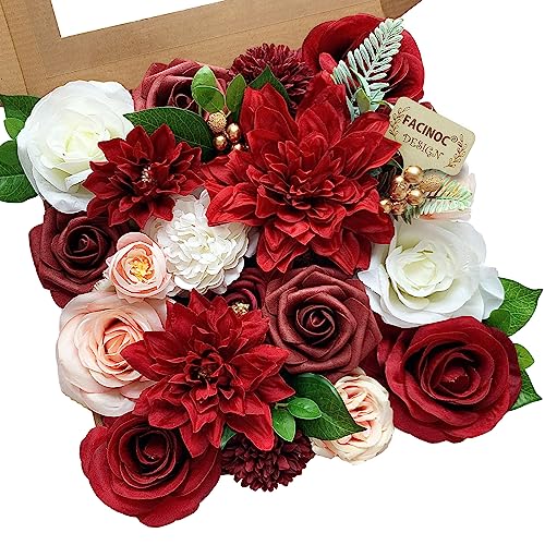 FACINOC Roses Artificial Flowers Red Bouquet Box Set Fake Flower for DIY Bridal Wedding Shower Decorations Centerpieces for Table Faux Silk Floral Arrangement for Party Home Decor Indoor Burgundy - color: T (Red, Burgundy)