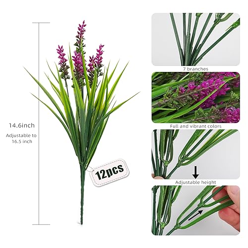 RECUTMS 12Pcs Artificial Plants Outdoor Fake Monkey Grass with Flowers for Pot Garden Verandah Decor for Window Garden Office Patio Hanging Planter Pathway Front Porch (Fuchsia) - color: Fuchsia