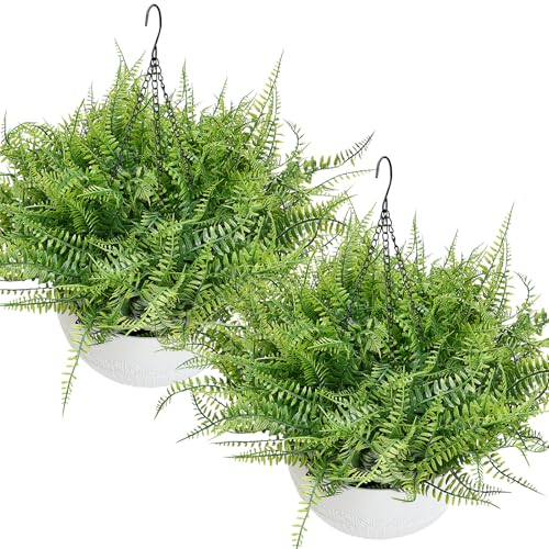 Set of 2 Artificial Hanging Ferns for Outdoors, Pre-Made Hanging Ferns for Outdoors Faux Greenery Plant Large Look Real Resistant UV Resistant for Indoor Balcony Front Porch Yard Garden Decor - color: Fern