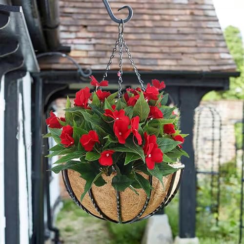 FERIAL 2PCS Artificial Impatiens Bouquet Faux Impatiens Bushes Red for Outdoors Pot Hanging Basket Porch Window Box Patio Lawn Garden Wedding Decoration… - color: Red