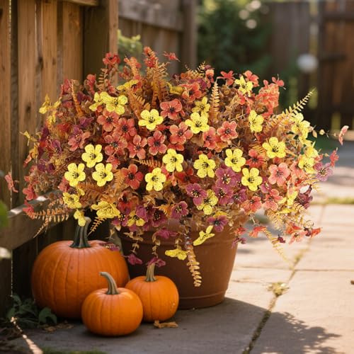 Artificial Fall Flowers for Outdoors,36 Bundles Faux Flowers Outside Fall Plants Realistic UV Resistant for Outdoor Planters Look Real Fake Flowers for Thanksgiving Porch Decor Window box planters - color: Sunset Red ＆brown＆yellow（with Fall Ferns）, size: