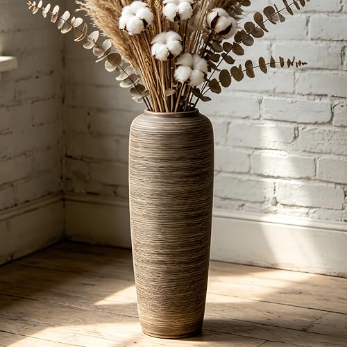19.7 Inch Rustic Ceramic Large Floor Vase, Ribbed Textured Rustic Farmhouse Vase for Pampas Grass, Living Room & Entryway Décor, Handmade Ceramic Accent - size: 19.7 Inch