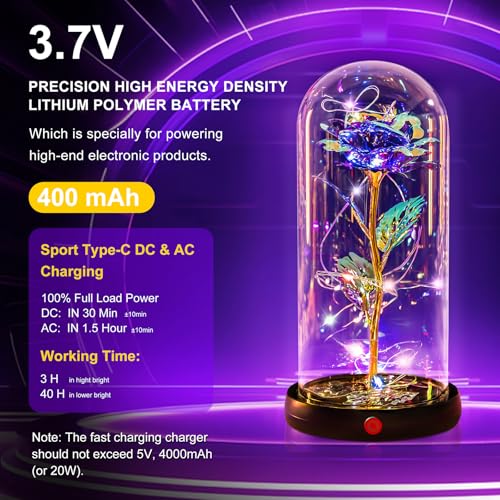 Mothers Day Flowers Gifts for Mom Birthday Gift Rechargeable Galaxy Glass Rose in Glass Dome Forever Crystal Rose Flowers Anniversary Mother's Day Roses Gifts for Daughter Wife Women Grandma Purple - color: Usb-b Purple