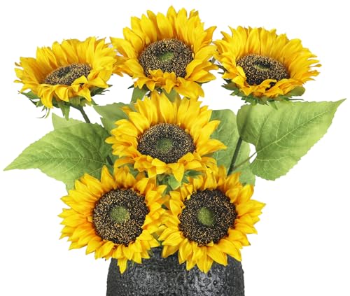 Olrla Long Stem Artificial Sunflower 6pcs, Yellow Fake Sun Flowers Single Stem for Table Centerpiece, DIY Arrangement,Vintage Cottage Decor (NO VASE) - color: Bright Yellow Long Stem