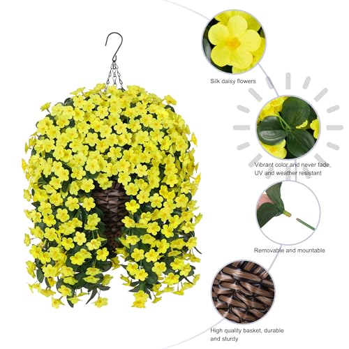 HyeFlora Artificial Fake Hanging Outdoor Flowers Plants Basket, Faux Silk Yellow Daisy Flowers UV Resistant Realistic Hanging Planter Orchid Vines for Outside Porch Patio Home Garden Yard Decoration - color: Yellow Daisy