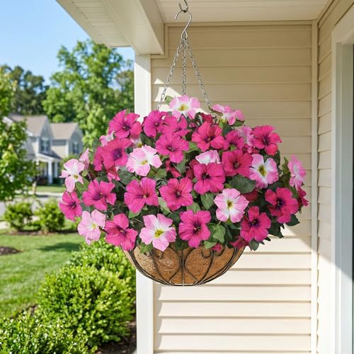 HyeFlora Artificial Flowers for Outdoors 4PCS Faux Petunias Silk Fake Flowers for Outside Planter UV Resistant Realistic Home Garden Porch Decor (Pink) - color: Pink 4branches