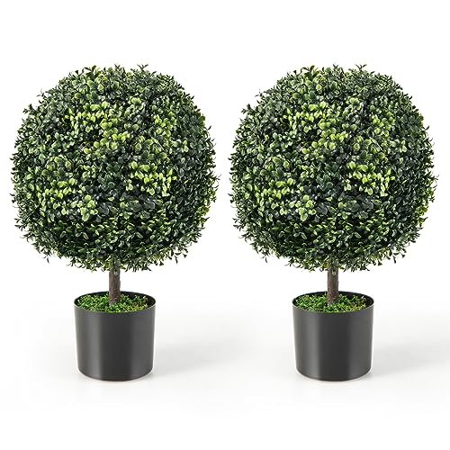 Goplus 22” Artificial Boxwood Topiary Ball Tree, Set of 2 Faux Potted Plants Artificial Shrubs Bushes with Cement Pot, Fake Evergreen Artificial Topiary for Indoor Outdoor Home Front Porch Decor - color: Dark Green