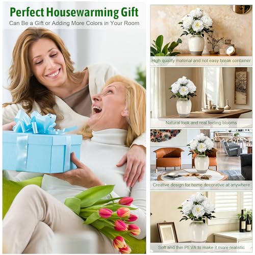 Fake Peonies Plant 24" Tall, Realistic Touch Leaves, Potted Peony Artificial Plants Indoor for Home Decor Small Office Home Living Room-White - size: 24 Inch Peonies White