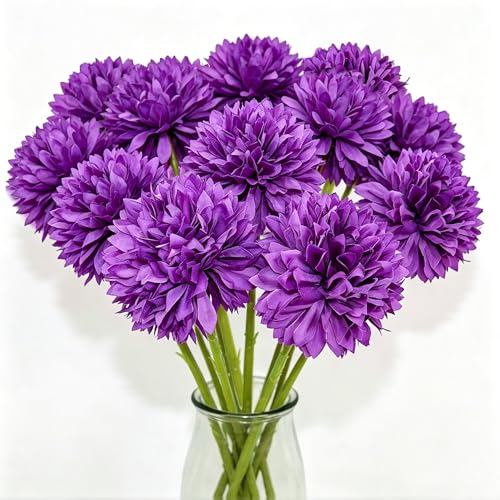 Tinsow 12 Pcs Artificial Flowers Purple Faux Ball Chrysanthemum Bouquet Flowers Wedding Bouquet for Home Garden Party Wedding Decoration - color: Purple