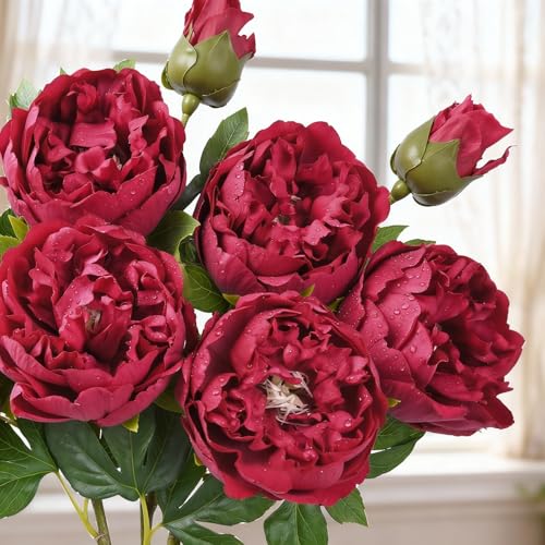 MARTINE MALL 3PCS Real Touch Peonies Artificial Flowers, 22in Burgundy Fake Peonies Artificial Peonies Flowers Latex Large Faux Peony Flowers for Centerpiece Table Wedding Party Home Decor - color: Burgundy, size: 3PCS