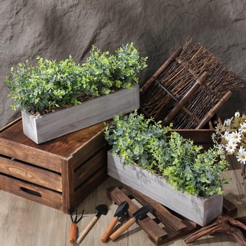Lyrow 2 Pack Artificial Eucalyptus Plant in Rustic Rectangular Wooden Planter Box Greenery Faux Potted Herb Plant for Indoor Wedding Table Centerpiece(Green,16.1 x 3.7 x 8.7 Inches,Classic Style) - color: White, size: 16.1 Inch, style: White Frosted Point