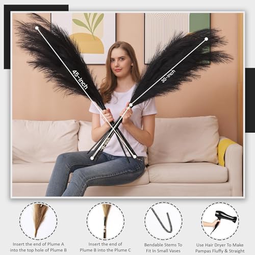 7 Pcs 45" Faux Pampas Grass – Fluffy Artificial Pompous Grass for Tall Floor Vase, Non-Shedding Home Decor, Boho Wedding Flowers, Baby Shower Centerpieces, Bedroom & Living Room Decor (Black) - color: Black