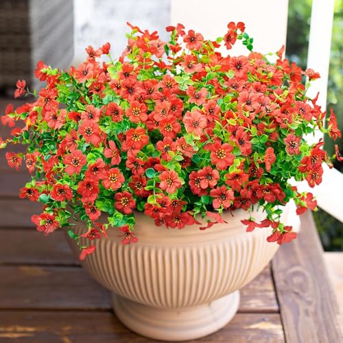 HyeFlora Artificial Flowers for Outdoor Indoor Garden Home Decoration, Faux Flower Daisy with Eucalyptus Leaves Fake Plants Greenery Boxwood Porch Patio, 12 Bundles (Red) - color: Red