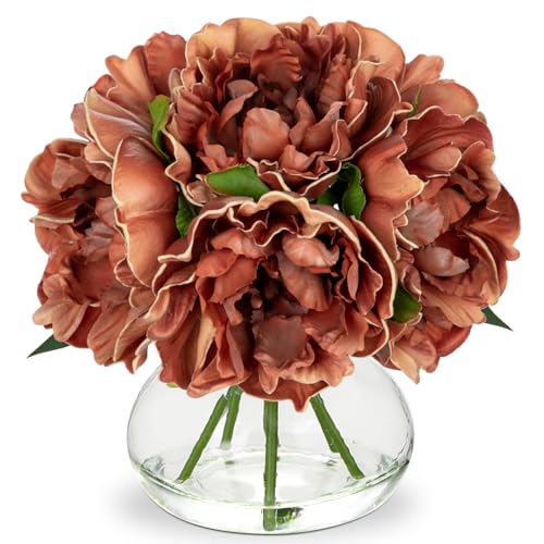 Hollyone Coffee Peonies with Vase Fall Flowers Artificial for Decoration Faux Flower Peony Fake Flowers Silk Flower Arrangements in Glass Vase with Faux Water Centerpiece Fall Decorations for Home - color: Peony, Coffee