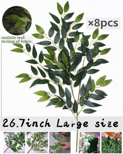 8pcs Italian Ruscus Artificial Leaves with Stems, Green Silk Leaf Wedding Arch Greenery Filler for Flower Arrangements, Faux Foliage Greenery Stems