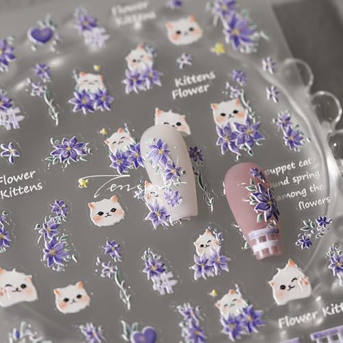 Purple Flower Nail Art Stickers 5D Powder Blusher Cat Nail Decals 1PCS Embossed Heart Petal Lavender Design Stickers Summer Floral Adhesive Nail Accessories for Manicure Decor - style: Style6-Lavender Cat