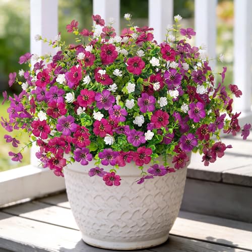 Ammyoo Artificial Flowers for Outdoors Spring Decoration, 12 Bundles Fake Flower Daisy with Realistic Eucalyptus Leaves, Faux Plants for Greenery Boxwood Porch Patio Garden Pot Lawn - color: Purple Purple-red White-boxwood