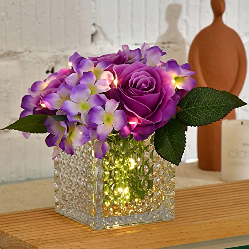 Fule Artificial Silk Rose Flower Centerpiece Arrangement in Glass Vase with LED Light for Home Wedding Decoration (Light Purple) - color: Light Purple