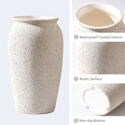 Rustic Farmhouse Flower Large Ceramic Vase, Vintage Pampas Grass Vase, White Modern Decorative Ceramic Flower Vase for Home Decor, Table, Living Room Decoration, Shelf Decor, Mantel, 9.8 Inch