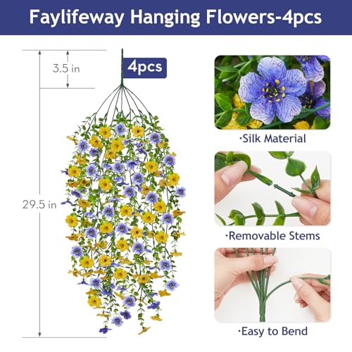 Artificial Hanging Flowers for Outdoors Spring Summer Decoration, 4PCS UV Resistant Silk Fake Hanging Plants for Patio Porch Front Yard Window Garden Indoor Decor(Blue&Yellow,4PCS) - color: Blue&yellow, size: 4PCS