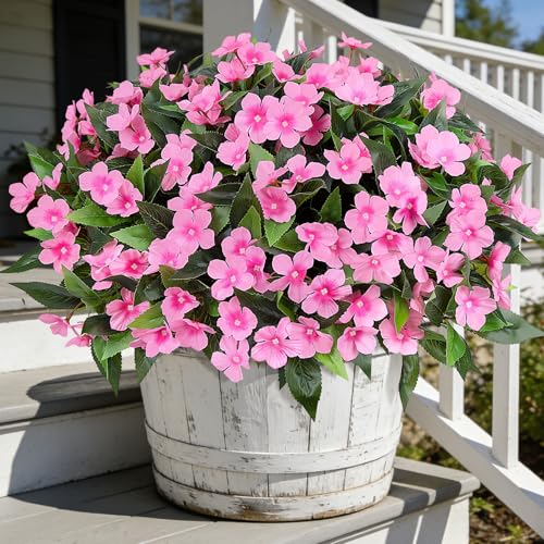 Ouddy Decor 6 Bundles Artificial Flowers for Outdoors Decorations, Fake Silk Flowers Faux Plants Plastic Bouquet UV Resistant for Porch Garden Wedding Spring Summer Indoor Outside Home Decor, Pink - color: Pink