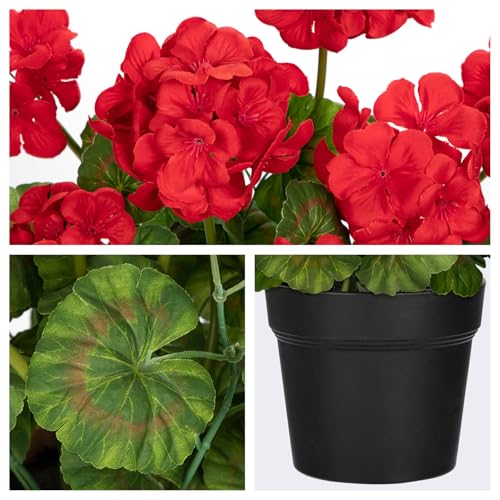 Briful Artificial Geranium Potted Plant – 16” Tall, Realistic Silk Flowers with Vibrant Green Leaves, Red Geraniums Fake Flowers for Outdoors Valentine's Day Home Décor, Farmhouse Office Tables Decor - color: Red