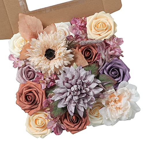 rongflower Artificial Flowers Combo Set Fake Flower Leaf Box with Stems for DIY Wedding Bouquets Centerpieces Flower Arrangements Decorations Baby Shower Party Home Decorations Champagne Purple - color: Champagne Purple