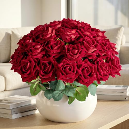 Ttranewsoo Fake Roses Faux Flowers Silk Roses Artificial Roses with Stems Realistic Artificial Flowers Suitable for Indoor Home Decoration DIY Bouquet Wedding Decor Party Decor 16.5In (Red, 36PCS) - color: Red 36pcs
