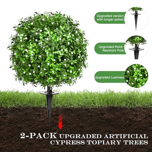 FAJUNZH Artificial Topiary Bushes for Outdoors with Spike, Boxwood Ball Fake Shrubs UV Resistant Faux Plants for Indoor Outdoor Fall Thanksgiving Halloween Decor (Gypsophila Boxwood White-2 Packs) - color: Gypsophila Boxwood White