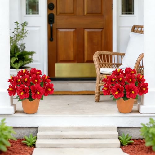 Briful Artificial Hibiscus Flowers in Pot, 14.1" Faux Tropical Flower Plant for Outdoor Porch, Potted Red Hibiscus Tabletop Decor for Living Room, Dining Table, Kitchen, Office, Indoor Home Décor - color: 14'' Red