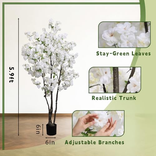 Large Artificial Cherry Blossoms Tree Indoor Faux Cherry Blossom Tree White 6FT Bedroom Trees for Home Christmas New Year Decor - color: White-ap28